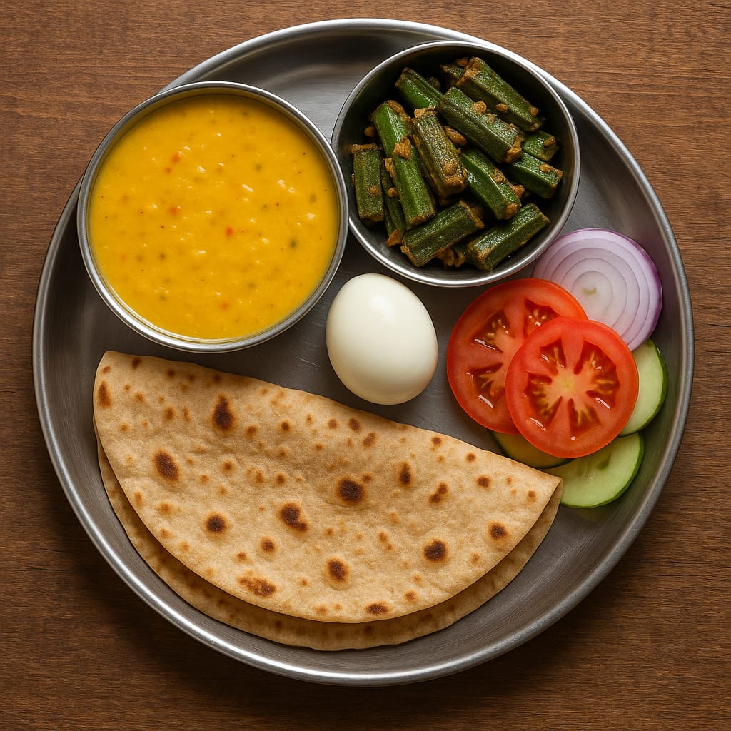 Moong dal bhindi 1 boiled egg 1 roti salad